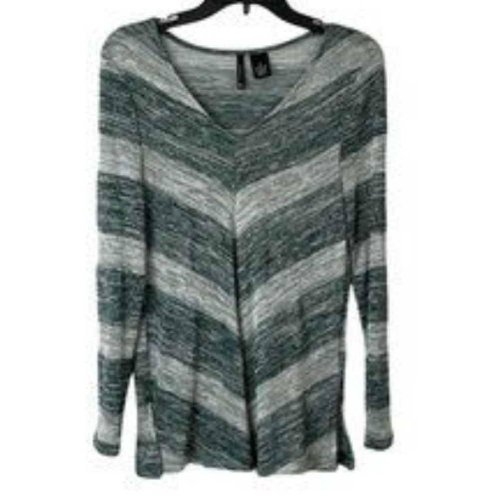 New Directions Womens Green Gray V-Neck Long Sleeves T Shirt Top Size L